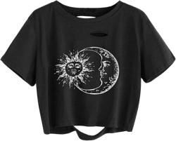 Avanova Women Sun Moon Graphic Distressed Crop Top Oversized Short Sleeve Ripped Tee Shirt Small Black