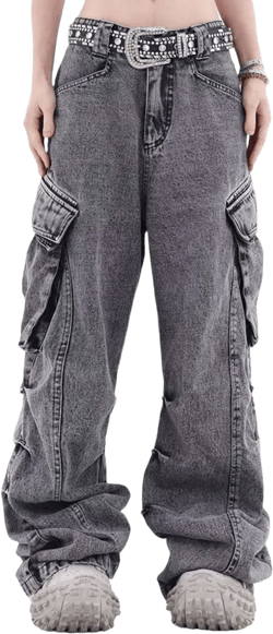 MLAFE Women's Baggy Cargo Pants Y2k Multi-Pocket Relaxed Fit Jeans Grunge Denim Washed Aged Hip Hop Jeans for men and women Small Gray