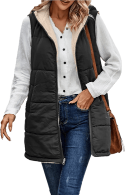 Fall Reversible Long Vest for Women Zip Up Hoodie Quilted Vest Sleeveless Fleece Jacket Winter Padded Coat XX-Large Black