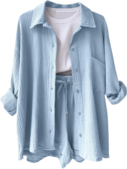 Women's 2025 Summer Shorts Sets: Long Sleeve Cover-Up Shirt & Cotton Linen Shorts Beach to Street Outfit Lightweight