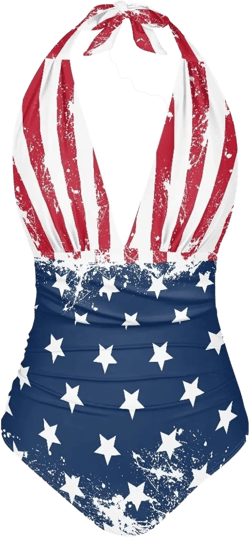 Biyejit Women One Piece Swimsuit V Neck Halter Ruched High Waist Tummy Control Backless Bathing Suits Plus Size S-3XL Medium American Flag Print