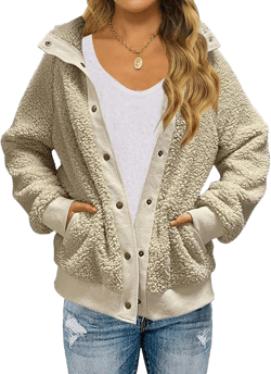 MEROKEETY Women's 2024 Winter Long Sleeve Button Sherpa Jacket Coat Pockets Warm Fleece Beige Medium