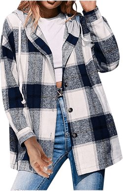 Shacket Jacket Women Casual Flannel Plaid Long Sleeve Lapel Button Down Shirts Fall Wool Blend Coat with Pockets A#25 Navy Large