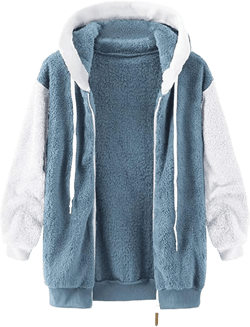 hlysgo Fuzzy Fleece Jacket Womens 2025 Winter Warm Color Block Patchwork Hoodies Plus Size Coats Outerwear with Pockets 08 Blue X-Large