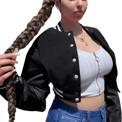 Arssm Women Cropped Varsity Jacket Spring Letterman Baseball Faux Leather Colorblock Bomber Jacket Outerwear Large Black