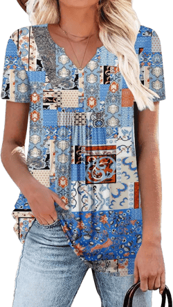 BETTE BOUTIK Womens Short Sleeve Tunics V Neck Button Down Shirts Blouse Tops Pullover S-3XL