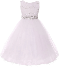 DreamHigh Wedding Flower Girl's Sequined Shining Crystal Waist Evening Dress up 2-12 Years 2-3T White