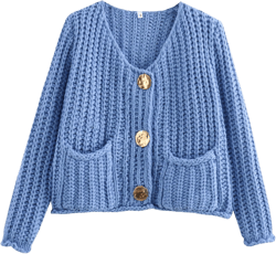 FindThy Women’s Cropped Knit Cardigan Long Sleeve Crewneck Button Down Fall Sweater with Pockets Blue Large