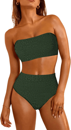 Pink Queen Women 2 Piece Bandeau Swimsuits Strapless Textured Bikini Set High Waisted Bathing Suits Medium Army Green