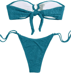 MakeMeChic Women's 2 Piece Bandeau Swimsuit Floral Cut Out Bikini Set Strapless Bathing Suits U-Ring Blue Medium