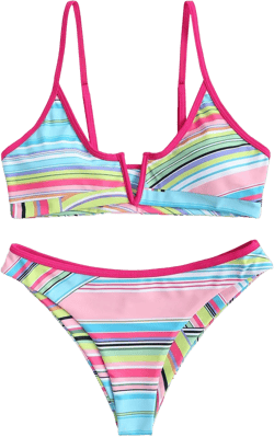 ZAFUL Women's V Wired Bikini Set Colorblock Ribbed Swimwear Sexy High Cut Cheeky Two Piece Swimsuit Bathing Suit