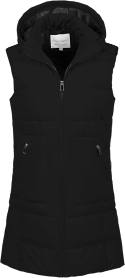 Chrisuno Women's Long Warm Puffer Vest Fleece Sleeveless Vests Waterproof Outerwear With Removable Hood Black Medium