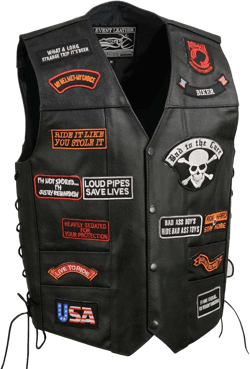 EVENT LEATHER ELM3920 Men's Black Leather Pre-Patched Bikers Vest w/ 6 Pockets - 23 Patches and Side Laces : Clothing, Shoes & Jewelry