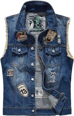 Men's Denim Vest Sleeveless Jacket Patch Designs Ripped Jeans Waistcoat Small Blue