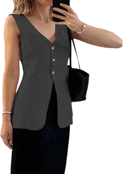 Womens Long Linen Vest Sleeveless V Neck Button Down Suit Jacket Summer Vest Casual Streetwear Black X-Large