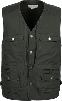 PEHMEA Men's Cotton Outdoor Work Safari Fishing Vest Travel Photo Cargo Jacket with Pockets Small Army Green