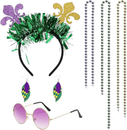 Mardi Gras Headband Costume Accessory Set with Mardi Gras Beads Necklaces Earrings Glasses for Women Masquerade Supplies