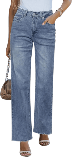 GRAPENT Straight Leg Jeans for Women High Waisted Stretchy Frayed Raw Hem Loose Denim Pants Casual Baggy Jean Trousers Large Vintage Blue - Acid Wash