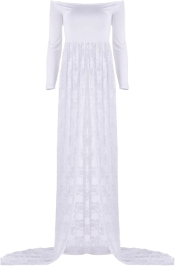 YnimioAOX Women's Off Shoulder Long Sleeve Lace Maternity Dress for Photography Chiffon Maternity Gown for Photoshoot,White