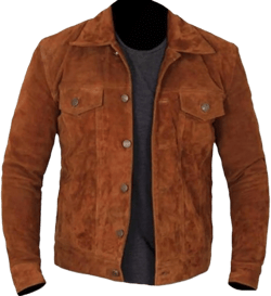 Men's Brown Suede Leather Trucker Jacket Moto Biker Buttoned Jacket Denim Style Coat