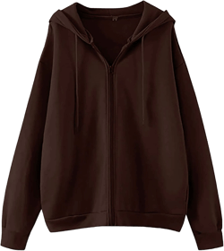 Meladyan Women Oversized Solid Zip Up Hoodie Drawstring Hooded Long Sleeve Fleece Vintage Sweatshirts Jackets Pockets 90s Medium Coffee