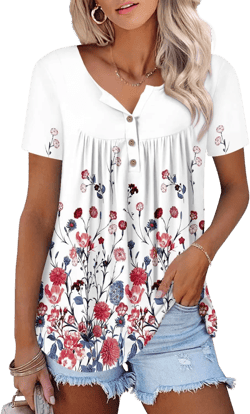 ONLYSHE Womens Summer Short Sleeve Shirts V Neck Tops Casual Tunic Floral Ruffle Blouse 0-whitecarnation 3X-Large