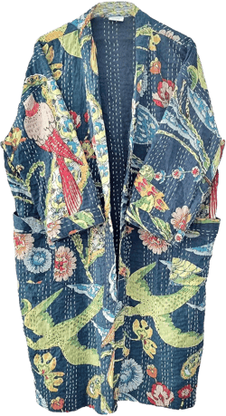 Peacock Floral Print Lightweight Cotton Mid Length Jacket Women Open Front Kantha Quilted Ethnic Royal Blue Jacket
