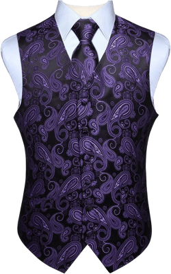 HISDERN Mens Vest Tie Set 3PC Formal Waistcoat Paisley Floral Jacquard Necktie Pocket Square Suit Vests Wedding Party 4X-Large B-01-purple