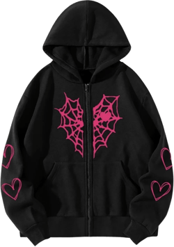 Y2K Gothic Spider Web Heart-shaped Print Hoodied Pullover Punk Zip Up Jacket Coat Harajuku Loose Oversized Streetwear 5X-Large Black Pink