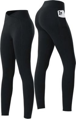 Women's Black Cross Back Moisture Wicking Breathable Yoga Leggings, High Waist Elastic Fitness Workout Running Tights With Side Pockets, Compression Leggings For Fall/Winter Sports