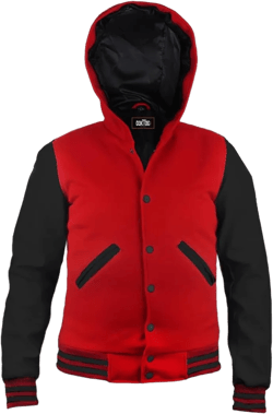 Hooded Varsity Jacket Women, Baseball Letterman Wool Body Genuine Leather Sleeves Bomber Jacket with Hood Small Red and Black Varsity Jacket With Hood