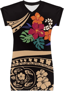 GLUDEAR Girl Polynesian Tribal Samoan Puletasi Tatau Printed V-Neck Short Sleeve Summer Casual Beach Dress Polynesian 17 3-4T