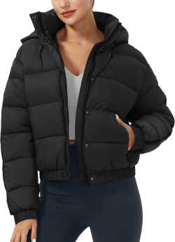 Pioneer Camp Women's Winter Cropped Puffer Jacket with Hood Waterproof Short Warm Quilted Jacket Puffy Bubble Coat Outerwear Black Large