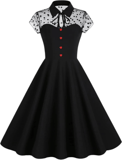 Women Mesh Floral Embroidery Vintage Cocktail Swing Dress Illusion 50s Goth Flared A line Casual Wedding Prom Evening Dress XX-Large Black Polka Dots