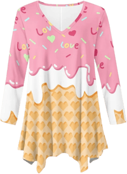 POLERO Women Long Sleeves Tunic Shirt Dress with Cute Print Holiday Tops V Neck Irregular Hem Blouses S-6XL Ice Cream 4X-Large