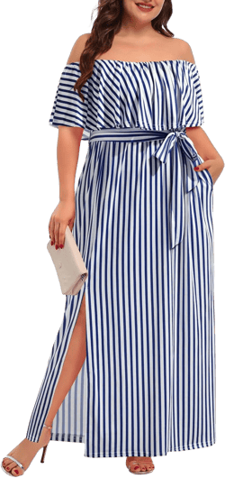 Plus Size Off The Shoulder Maxi Long Casual Beach Dress Pockets Women