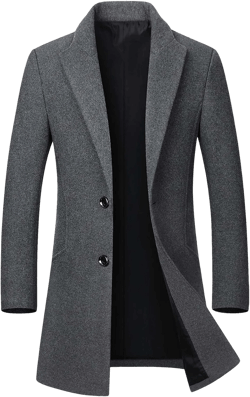 Men's Winter Coat Trench Overcoat Wool Blend Casual Single Breasted Mid-Long Pea Top Jacket Small Gray