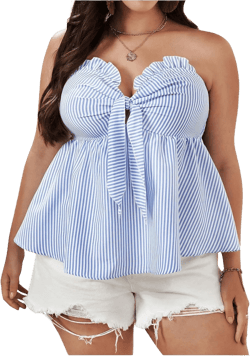 MakeMeChic Women's Plus Size Striped Tie Front Shirred Bandeau Tube Top Sleeveless Peplum Summer Shirt Blue and White 2XL