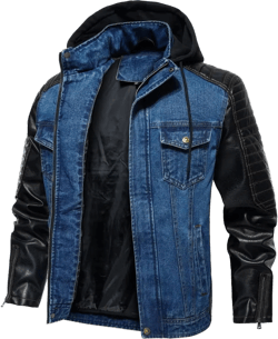 INVACHI Men’s Denim & PU Faux Leather Biker Jacket With Stand Collar Motorcycle Jean Jacket for Men Hooded Blue XX-Large