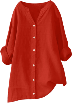 Lmdudan 2025 Cotton Linen Shirts Plus Size Women Solid Long Sleeve Tunic Tops Oversized Tshirts Casual V Neck Dressy Blouses Red Medium