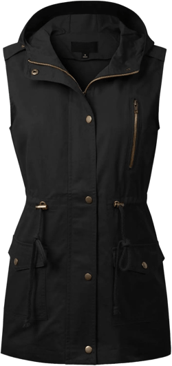 MixMatchy Women's Drawstring Lightweight Loose Fit Sleeveless Safari Vest Utility Jacket 1X A Black