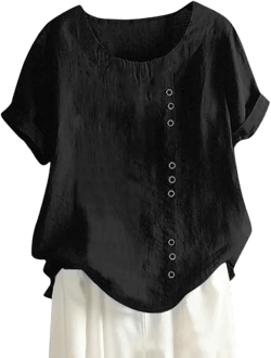 Women's Cotton Linen Shirts Short Sleeve Crewneck Blouse Button Casual Loose Fit T Shirt Tunic Tops for Summer Black 4X-Large