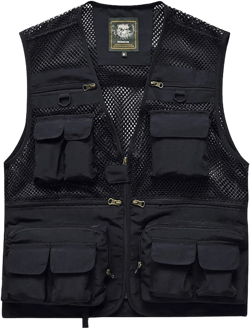 Hotmiss Mens Summer Outdoor Work Safari Fishing Travel Photo Vest with Pockets Journalist's Vest Jacket Medium Pure Black