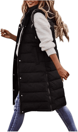 HINDOLA Women's Long Down Jacket Sleeveless Hooded Jacket Winter Warm Plus Size Slim Zipper Coats Outdoor Quilted Vest 4X-Large Black