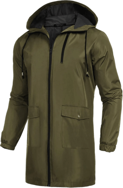 COOFANDY Men's Long Raincoat Ligtweight Rain Jacket Waterproof Outdoor Jackets with Hood Olive Green XX-Large