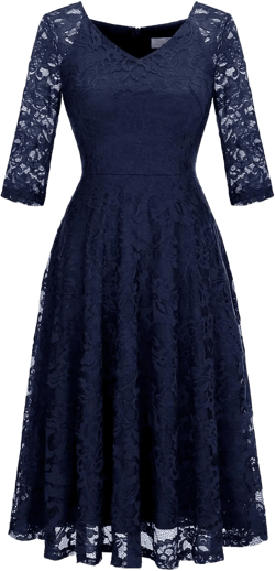 Dressystar Womens Long-Sleeve Wedding Guest Dress A-Line Lace Formal Party Cocktail Midi Dress Prom Gown Navy Small
