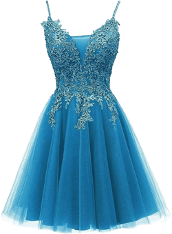 Short Prom Dress V Neck Homecoming Dress Lace Appliques Tulle Adjustable Spaghetti Straps Cocktail Dress for Girls Women Ocean Blue US12