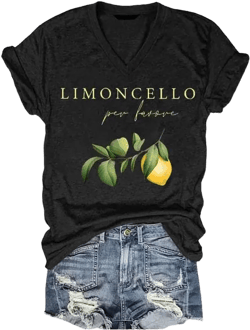 Limoncello Per Favore T-Shirt V Neck Lemon Graphic Casual Women Tee Top Funny Shirt Black 4X-Large
