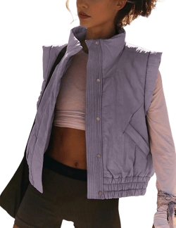 SKIKYAN Women Quilted Puffer Vest Button Down Scrunch Sleeveless Winter Stand Collar Padded Gilet with Pockets Medium Purple