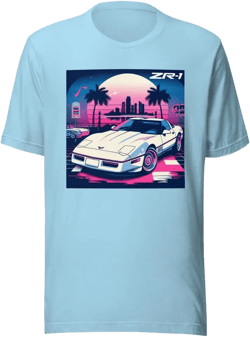 Miami Nights C4 ZR1 Sports Car t-Shirt Retro Aesthetic Vette Graphic Tee Black Large Ocean Blue